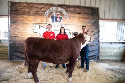 Three people standing behind a cow.