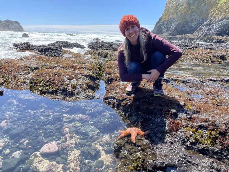 Kate Rendell crouching down next to a starfish.