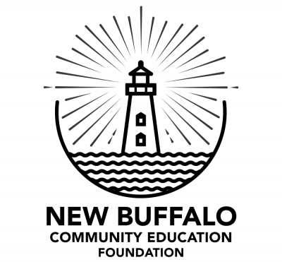 The logo of New Buffalo Community Education Foundation, which features the foundation name below vector image of a shining lighthouse and waves.