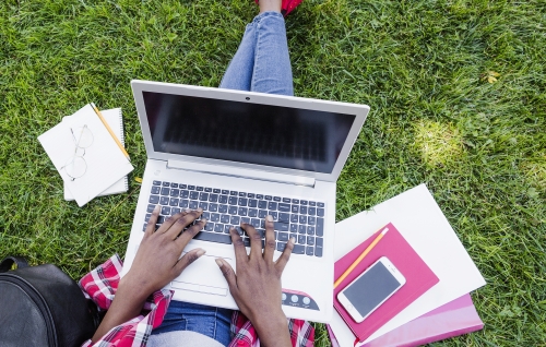 An overview of a person sitting in the grass with a laptop on their lap and notebooks scattered around them.