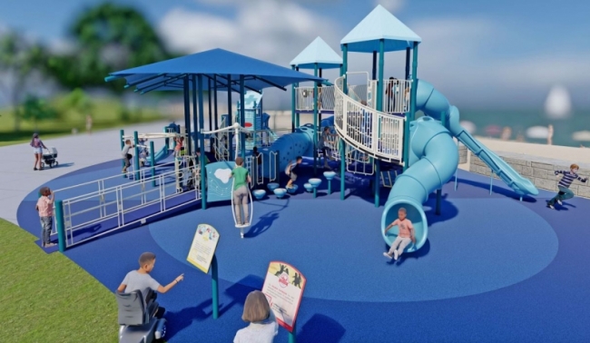 A rendering of a blue playground that shows accessibility features for those with limited mobility and other accommodations. 